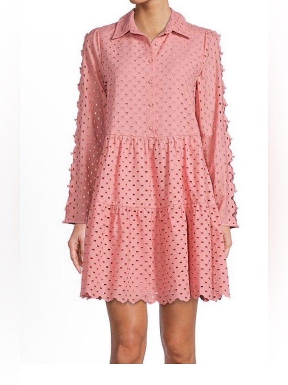 Antonio Melani Cotton Eyelet Tiered Shirt Dress Coral Pink Women's Size 2